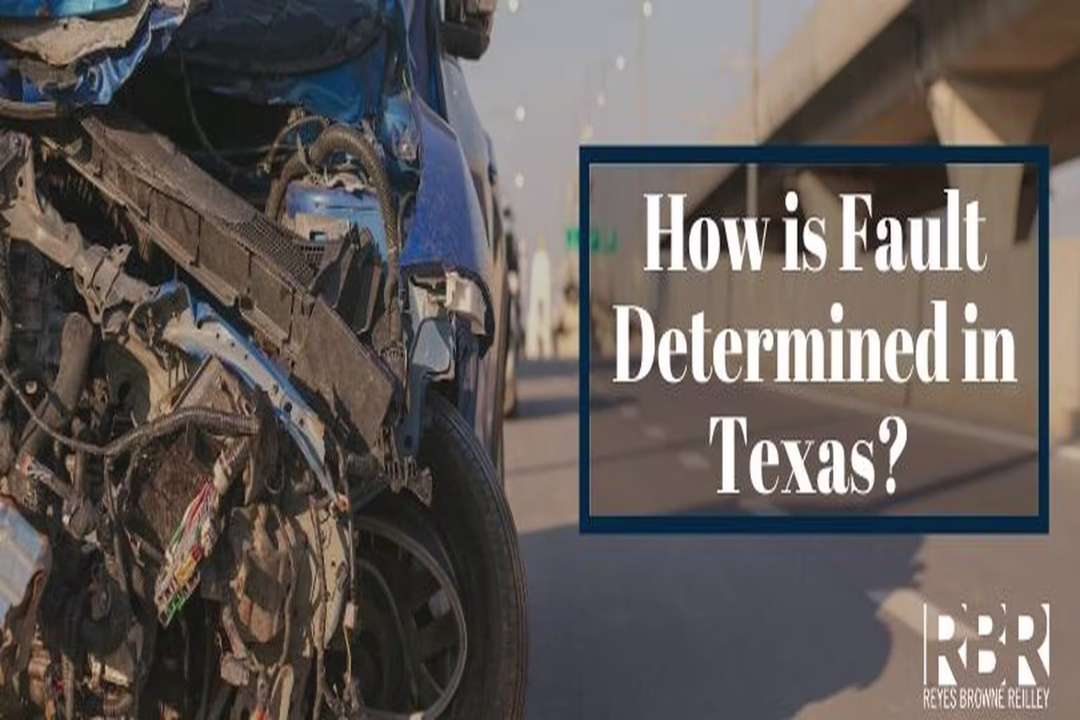 Close-up of a severely damaged car with text overlay asking how fault is determined in Texas.