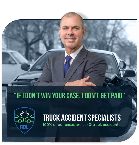 Smiling man in suit with a car accident in the background; text promoting truck accident legal services.