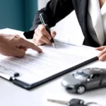 Person signing a document with a small model car and car keys on the table.