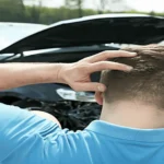 Man in blue shirt holding his head while looking at damaged car with open hood.