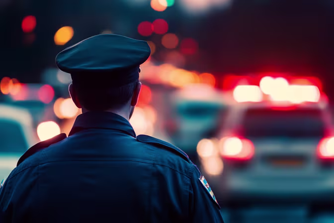 Police officer at nighttime accident scene with emergency lights in background