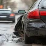 Rear view of a damaged black car after a collision, with broken glass and debris scattered on a wet road.