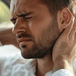 Man experiencing severe neck pain from whiplash injury after car accident in vehicle