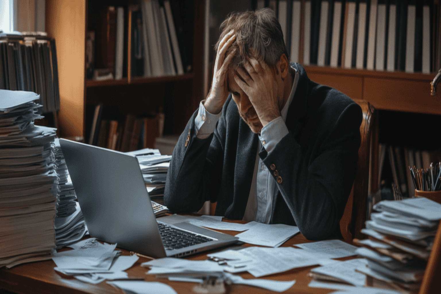 Stressed man in an office holding his head in frustration, surrounded by papers and a laptop.