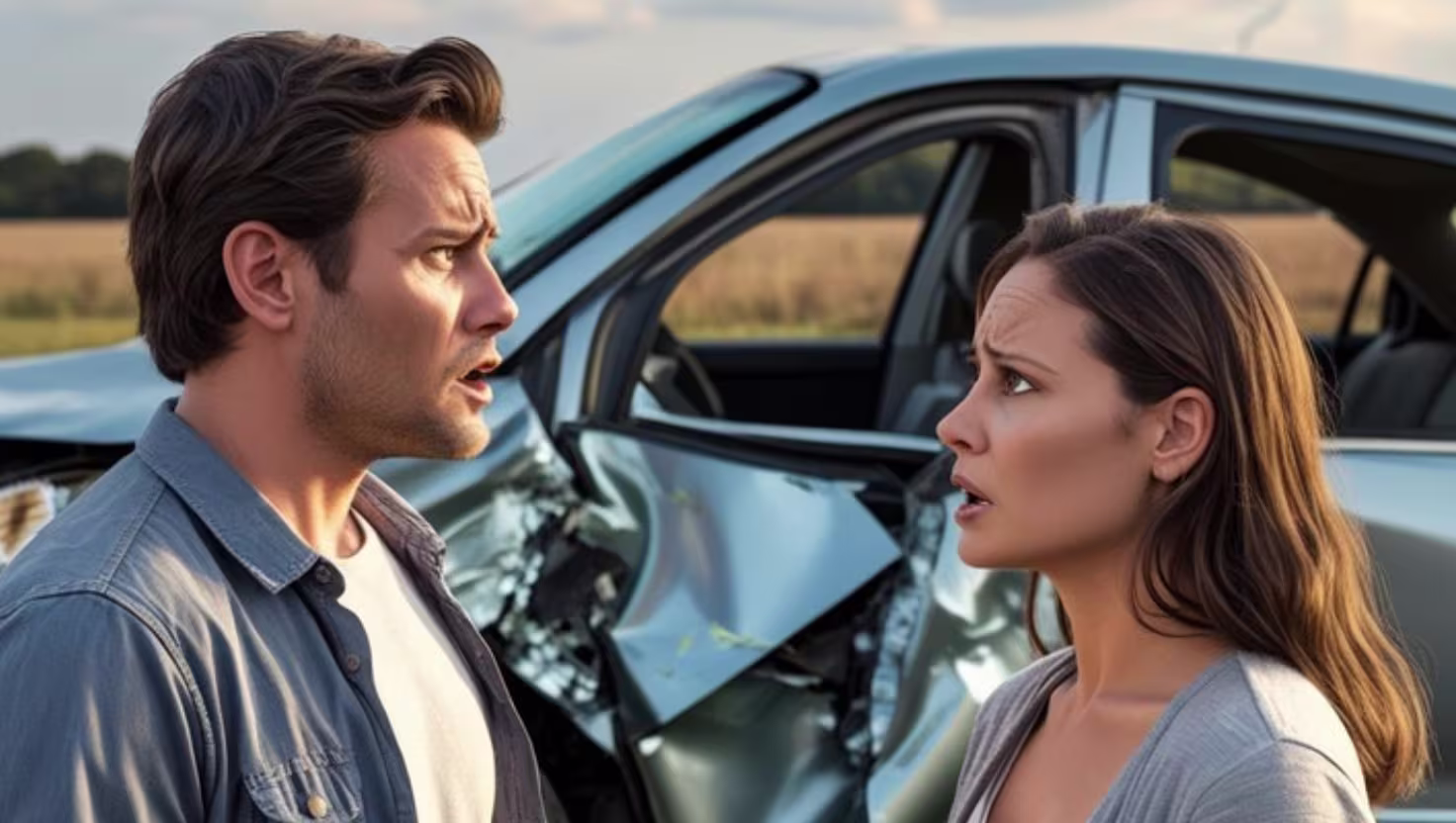 Two people discussing car accident with damaged vehicle in background, illustrating the complications and consequences of excluded driver accidents in Texas