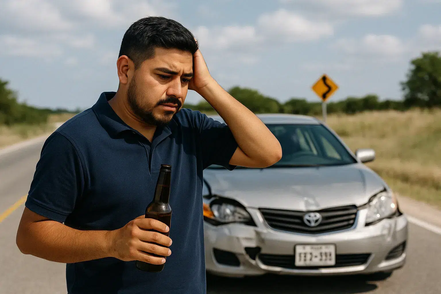 Distressed man holding beer bottle standing next to damaged car on Texas road after drunk driving accident, illustrating the devastating consequences of DWI crashes