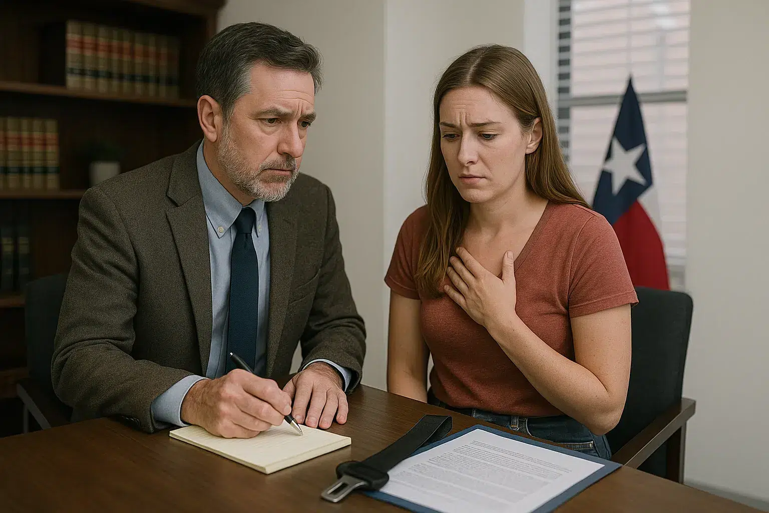 Texas personal injury attorney consulting with concerned female client in law office with Texas flag, discussing seatbelt-related car accident claim and legal options