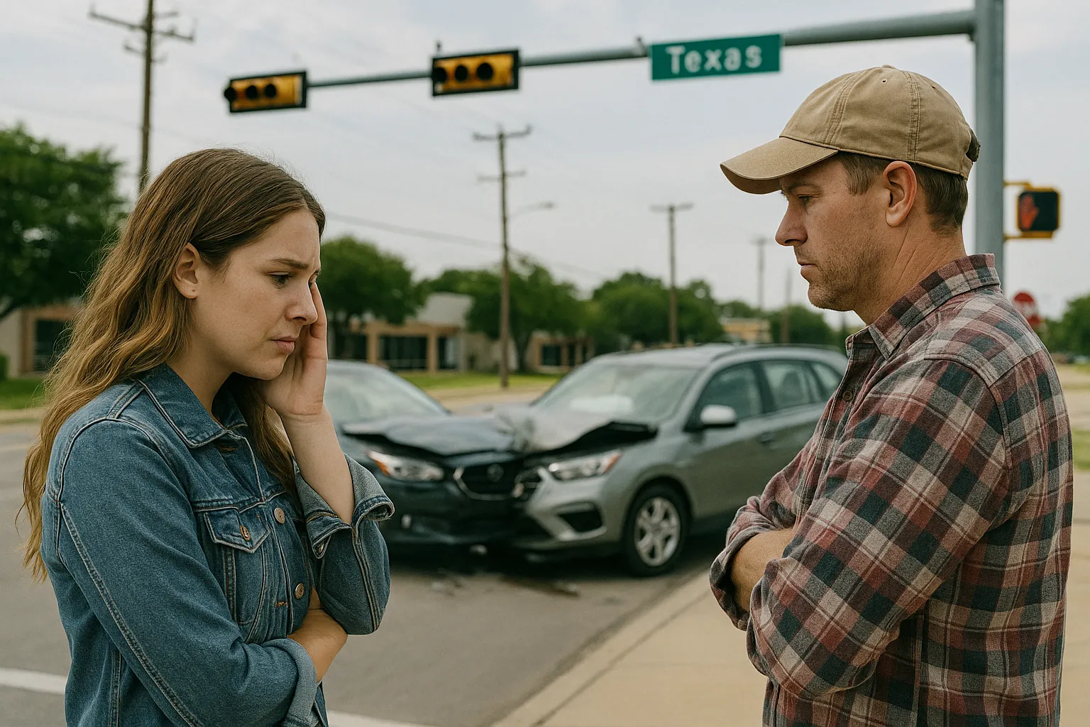 Two people standing on Texas roadway after car accident with damaged vehicles in background, illustrating the daily reality of Texas traffic crashes and accident aftermath
