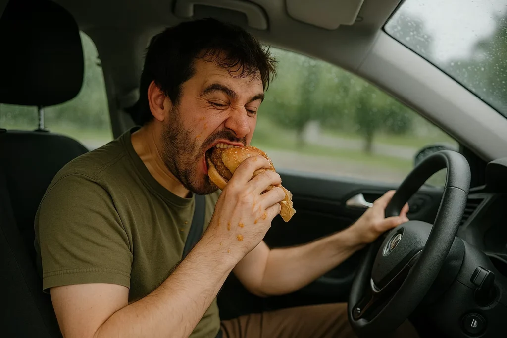 A young man with messy hair and a scruffy beard drives while sloppily eating a burger, sauce and crumbs smeared on his face, hands, and shirt as food spills everywhere inside the car.