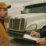 Truck driver in safety vest speaking with insurance adjuster after semi‑truck accident.