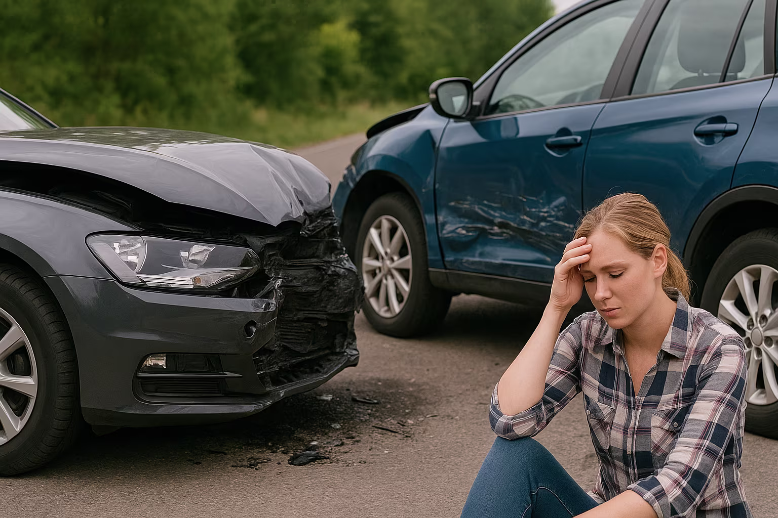 Woman sitting on road after car accident with two damaged vehicles behind her.