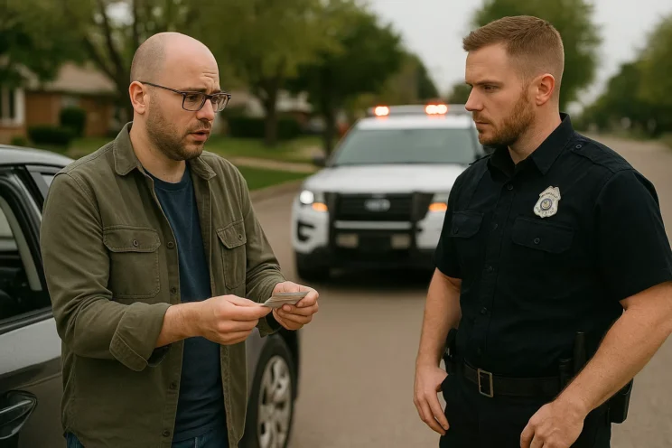 Driver hands license to police officer after accident.
