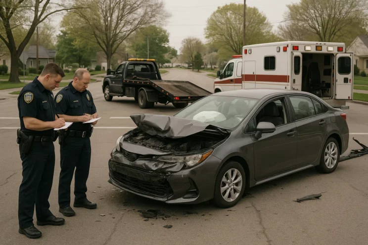 "Two police officers write reports beside a heavily damaged gray car after a crash, with an ambulance and tow truck in the background."