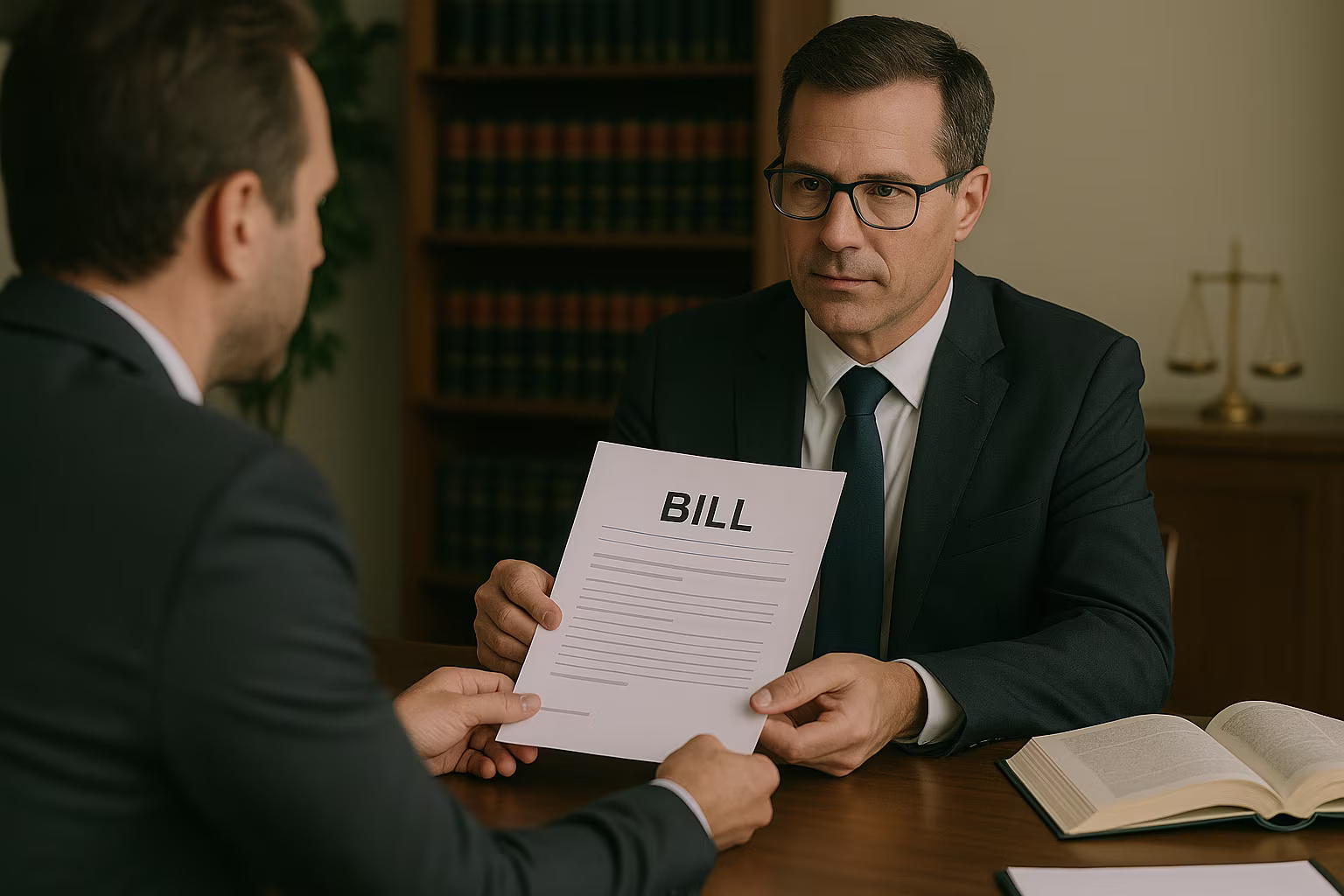 ChatGPT said: A man in a suit hands another man a document labeled “BILL” while sitting in a law office with books and scales in the background.
